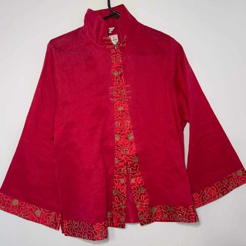 Essentials Red Mandarin Collar Jacket Womens 16 Asian Inspired Embroidered
